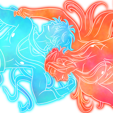 SatoSugu Satoru (blue) and Suguru (red) laying in opposite directions, the backs of their heads touching. Designed by cerulebell